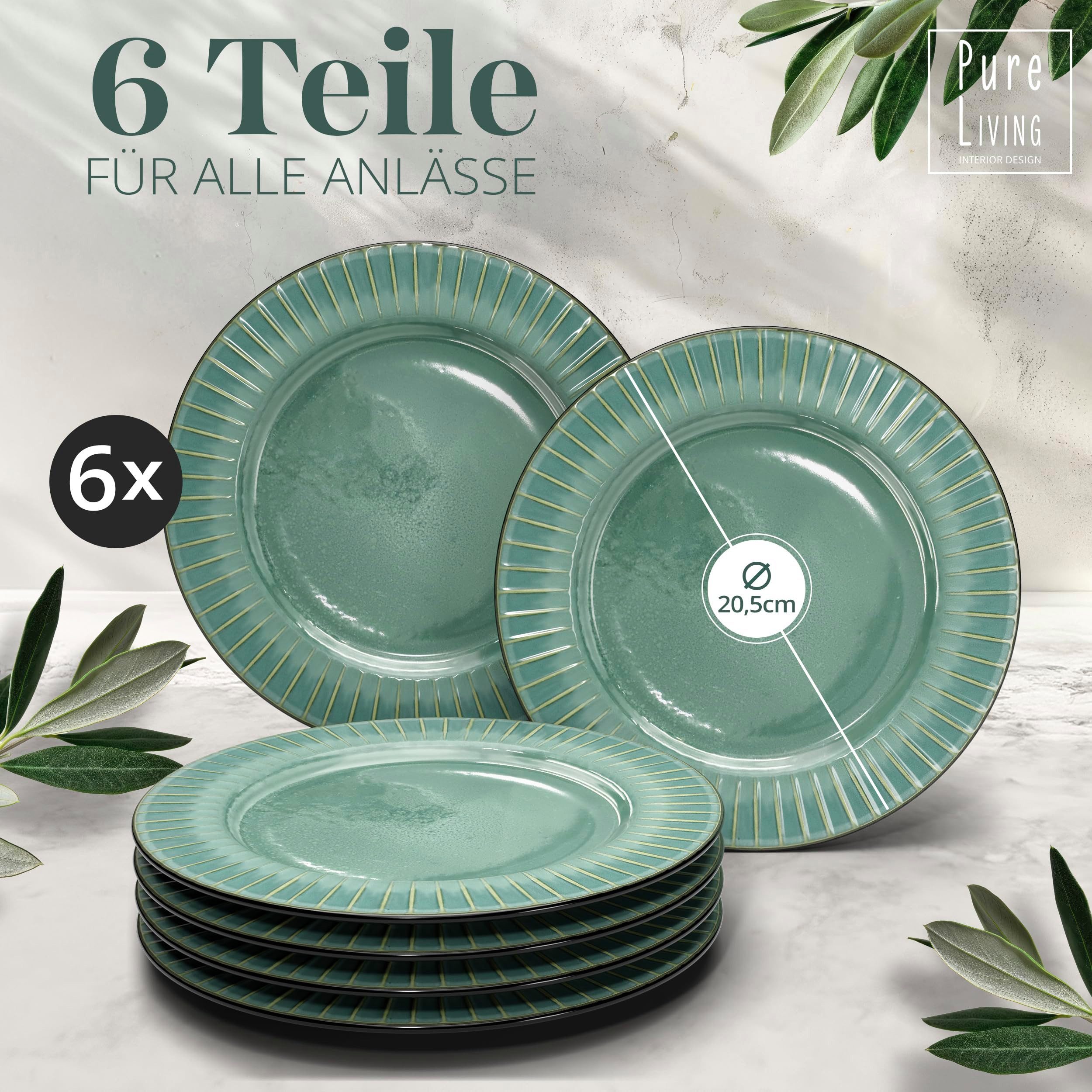 PURE LIVING INTERIOR DESIGN Geschirr-Set Pure Living Dessertteller 6er 20cm »Ribbed«, Steingut, Grün, 6 Personen, Steingut, Mediterrane Handwerksoptik, Reaktive Glasur – jedes Stück einzigartig…