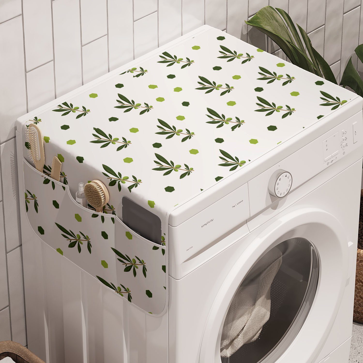 Abakuhaus Badorganizer Anti-Rutsch-Stoffabdeckung für Waschmaschine und Trockner, Olive Hexagons und belaubte Zweige