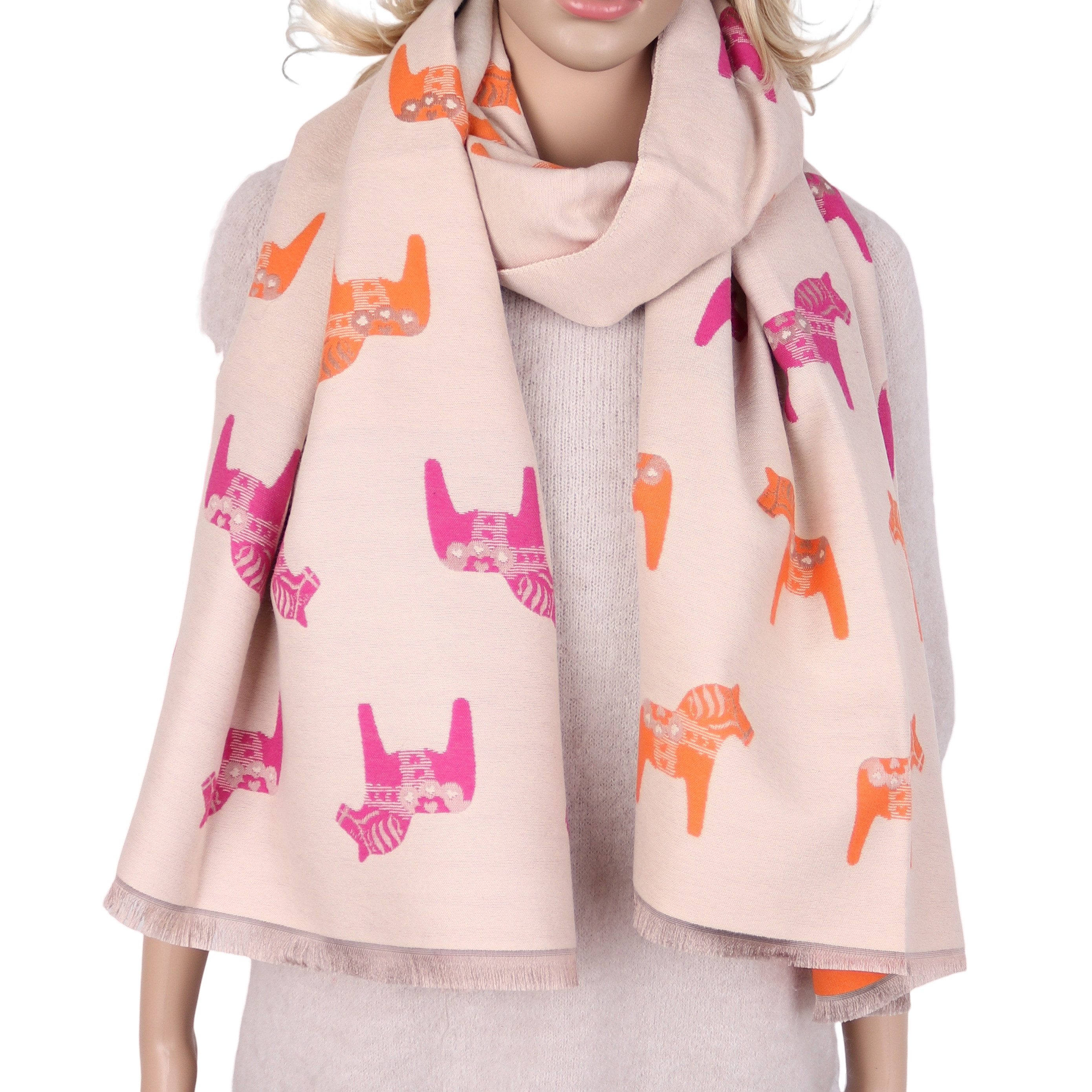 MIRROSI Modeschal Damen Schal Pferde Muster 65x180 cm, beidseitig tragbar, Poncho-Schal, weich, ideal für Herbst oder Winter