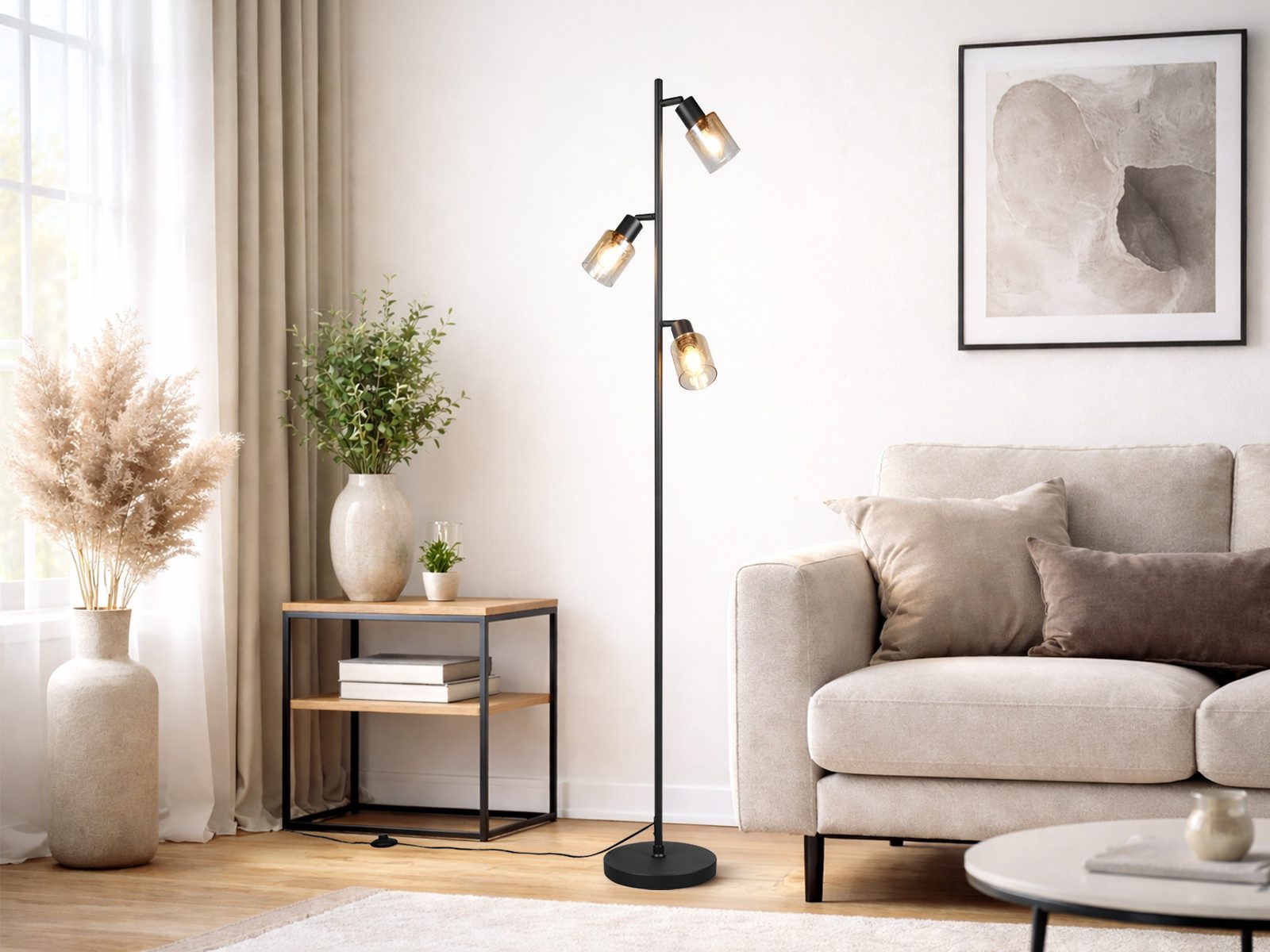 Reality Leuchten LED Stehlampe mit 3 schwenkbaren Glas Spots Höhe 154cm, Dimmfunktion, LED wechselbar, Warmweiß, Wohnzimmer Stehleuchte mit Strahlern Amberfarbi – Bild 2 von 5