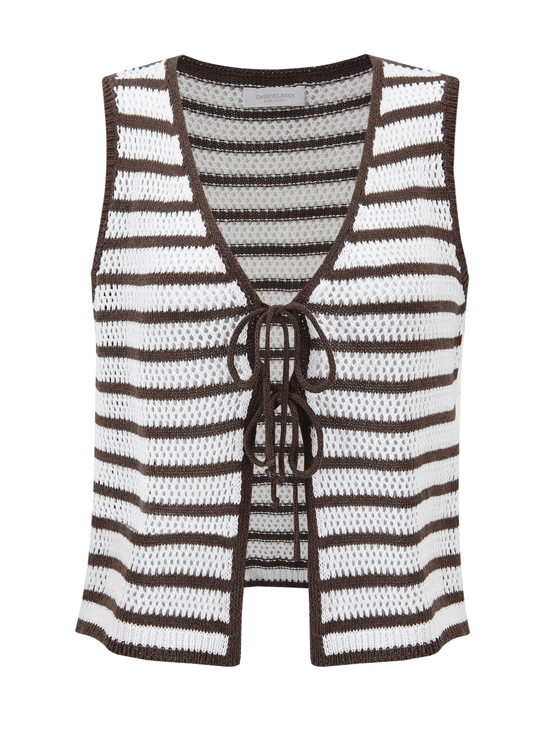 SASSYCLASSY T-Shirt Stricktop mit Schleifenverschluss für Damen Sommerliches Top in Grobstick Optik mit Bindebändern Braun Weiß – Bild 2 von 5
