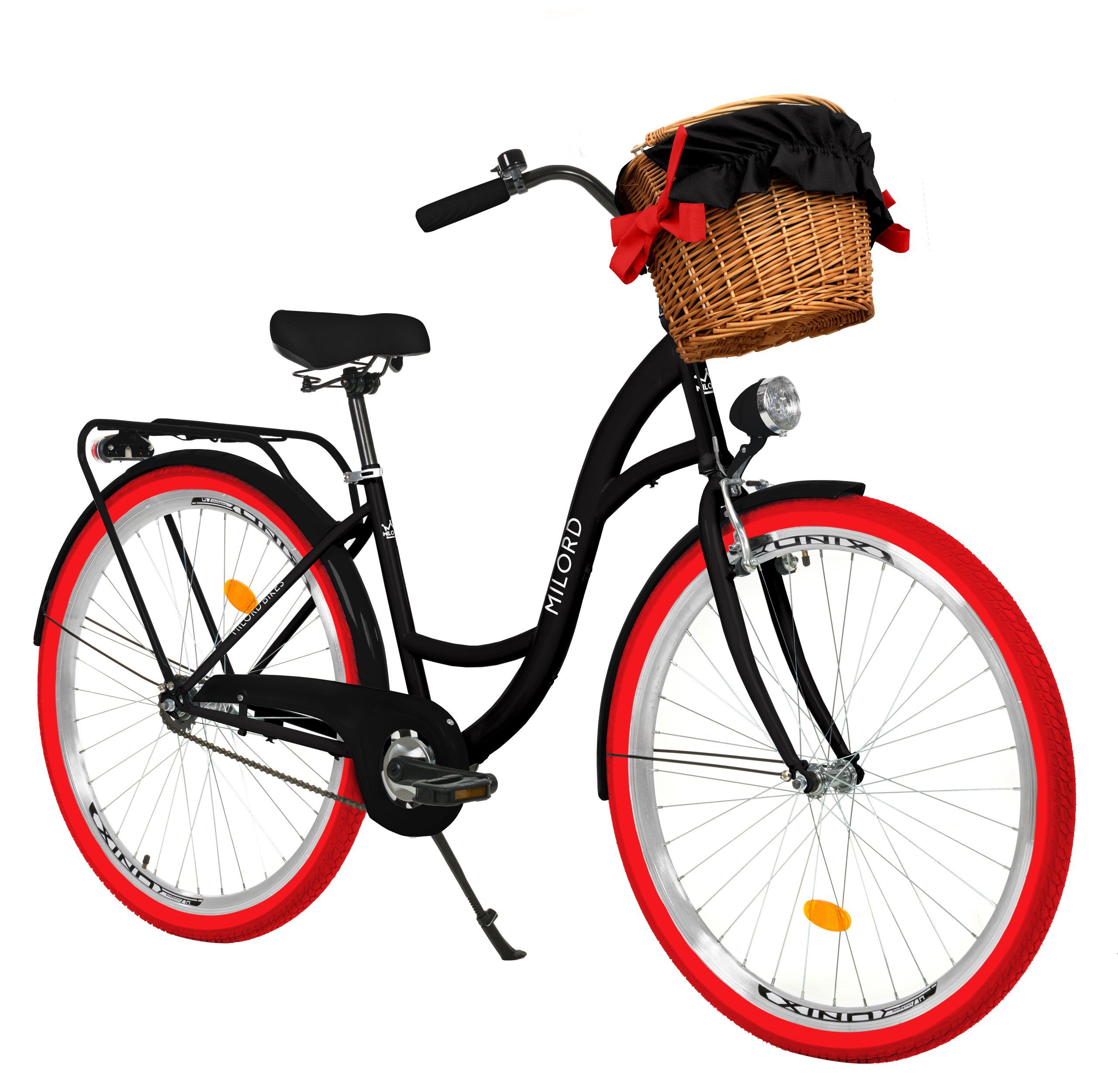 MILORD BIKES Cityrad Milord Weidenkorb 28/26 Gang 1-Gang, Damenfahrrad Schwarz-Rot Komfort 1 Zoll