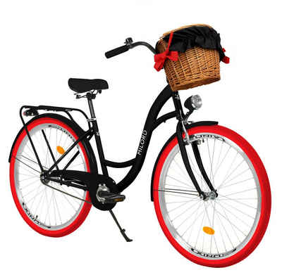 MILORD BIKES Cityrad Milord Komfort Damenfahrrad Weidenkorb 28/26 Zoll Schwarz-Rot 1-Gang, 1 Gang