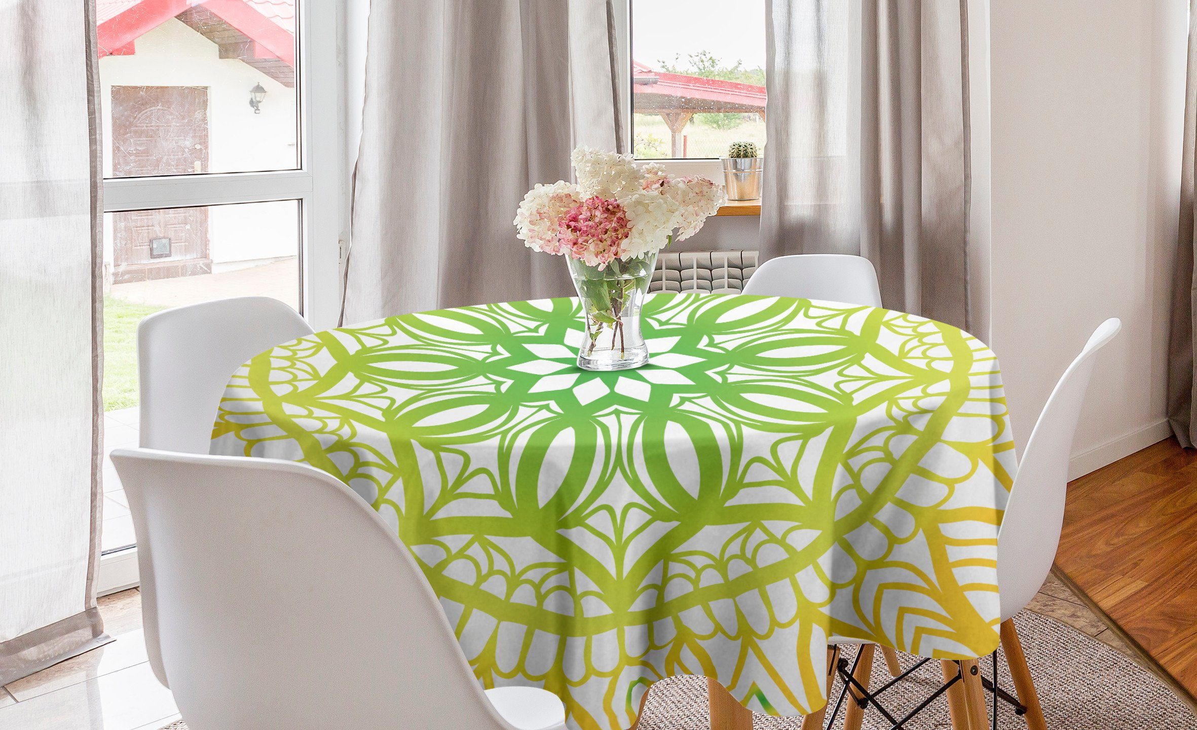 Tischdecke Küche für grüne Kreis Skizze Esszimmer Tischdecke Abdeckung Mandala Blumen-Blüte Dekoration, Abakuhaus