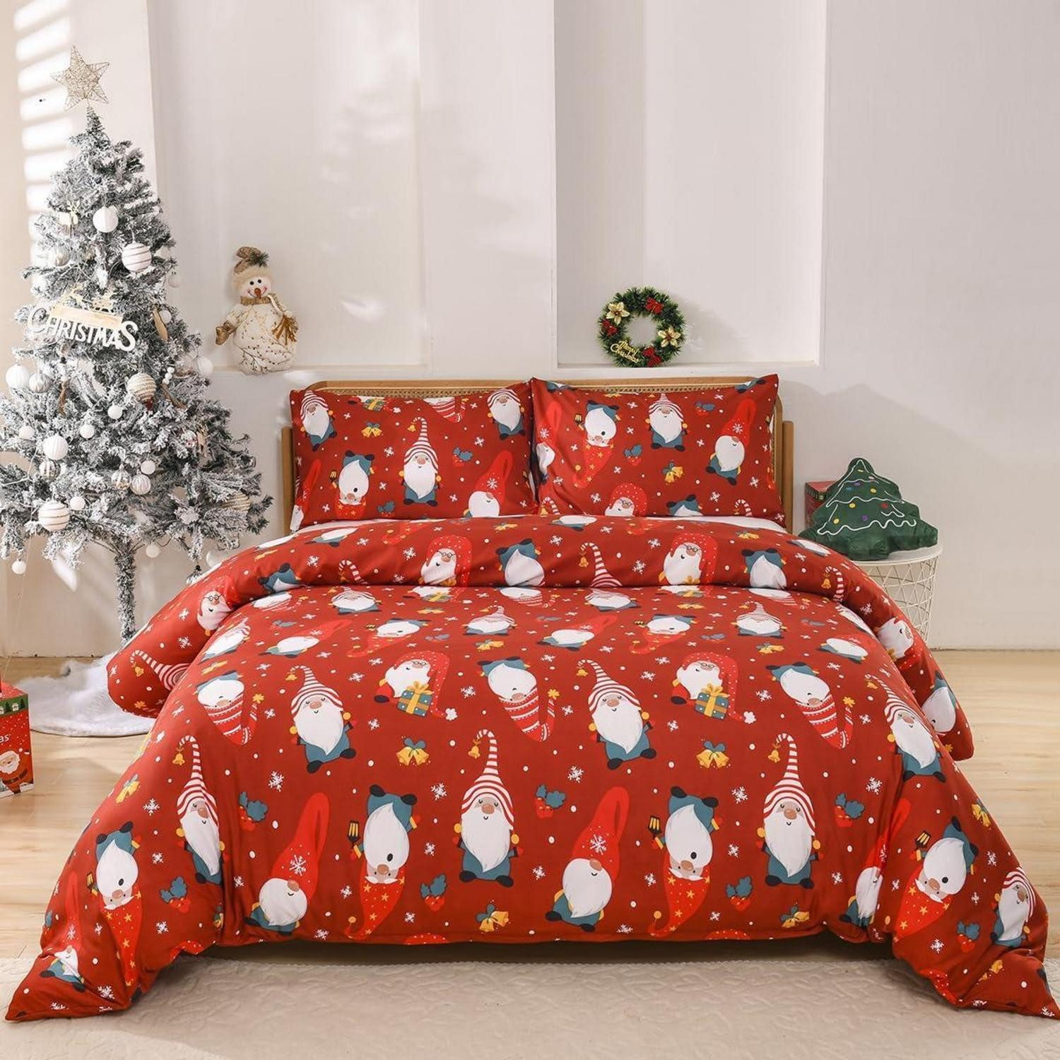 LuxusKollektion Jugendbettwäsche Bettwäsche Set 4teilig 135x200 Rot Mikrofaser Weihnachtsmann