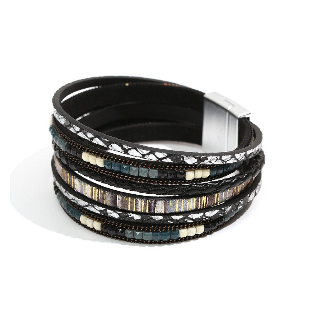 Lederarmband Boho mehrreihig Wrap Ledermanschettenarmban Magnetschnalle