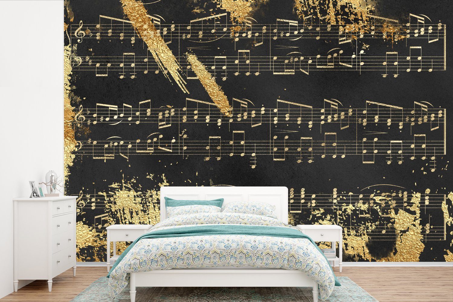 MuchoWow Fototapete Musik - Gold - Schwarz, Matt, bedruckt, (6 St), Wallpaper für Wohnzimmer, Schlafzimmer, Kinderzimmer, Vinyl Tapete