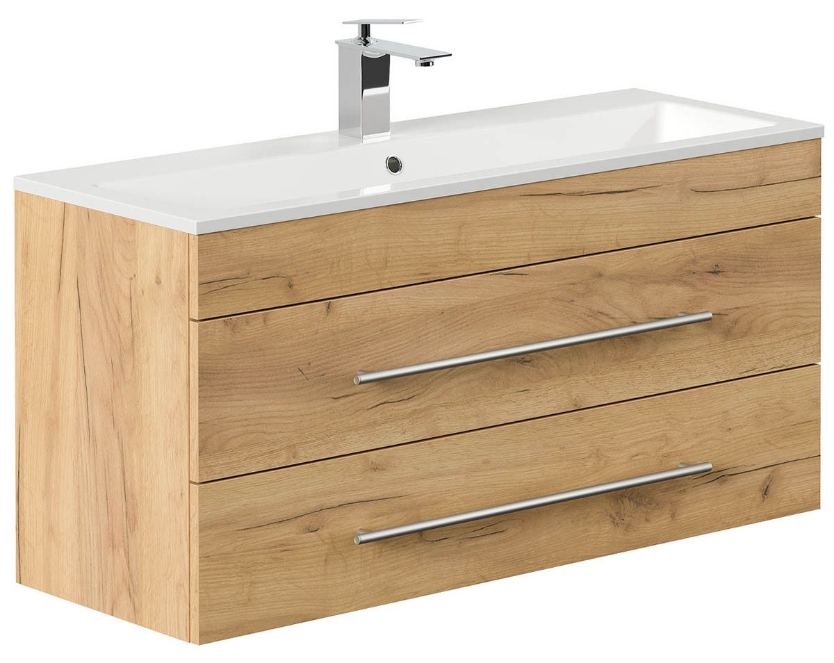 einfachgutemoebel Waschtisch-Set Badmöbel Waschplatz 100cm Portus 1000 SlimLine, gold-eiche, (Badmöbel Set, 1-St., Waschtisch Set)