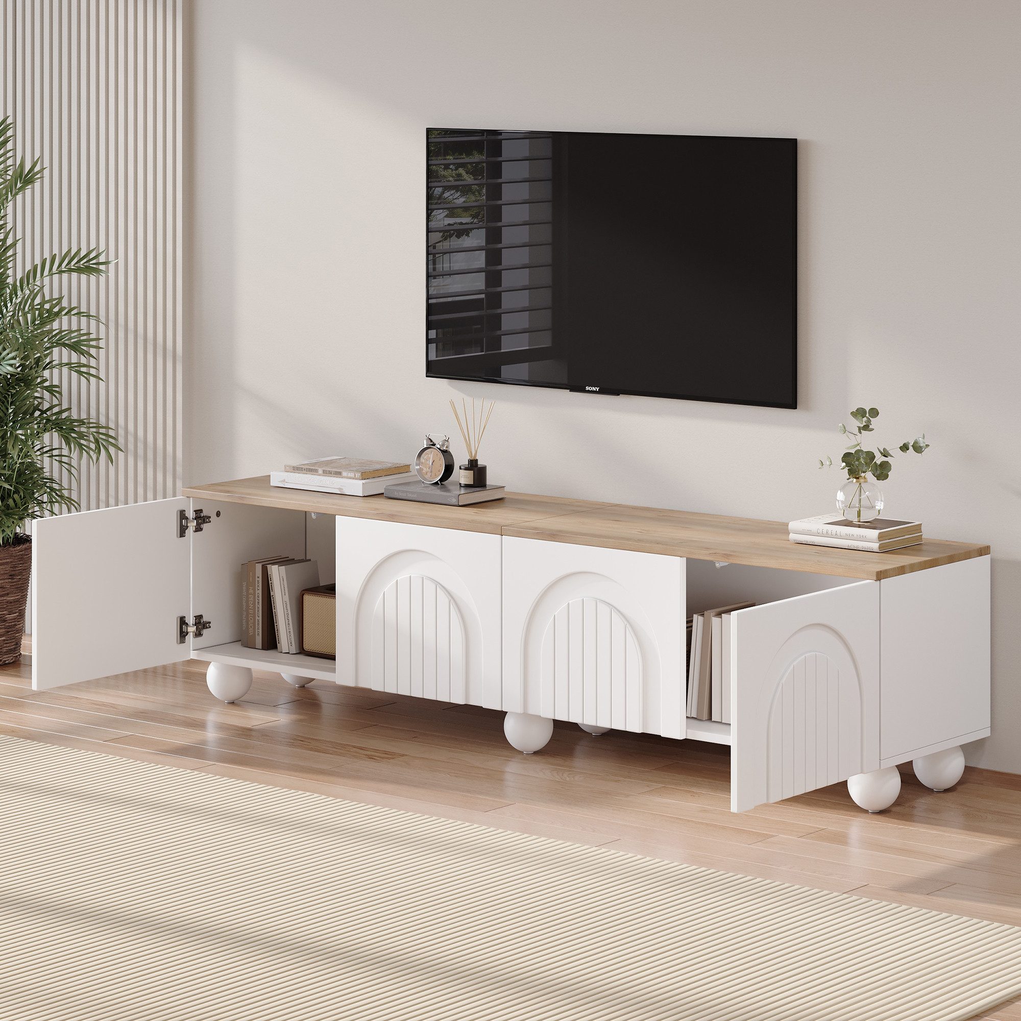 Merax Lowboard mit 6 Kugelfuß-Metallbeinen, in Weiß und Holzoptik (1 St., 180×40×45cm), TV-Schrank mit 4 Türen, eleganten Türnuten & großem Stauraum