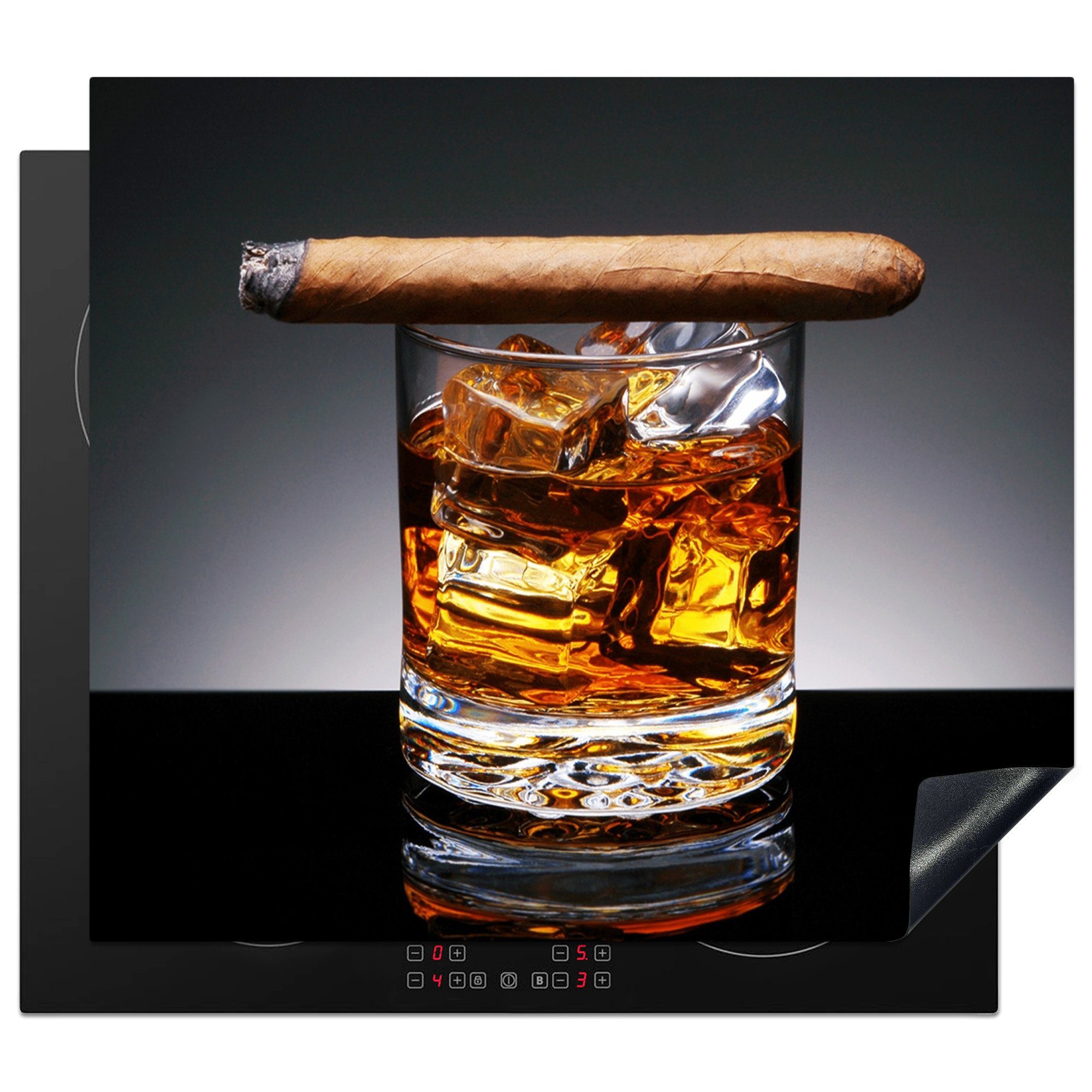 MuchoWow Herdblende-/Abdeckplatte Whiskey - Zigarre - Glas, Vinyl, (1 tlg), 59x51 cm, Induktionsschutz, Induktionskochfeld, Ceranfeldabdeckung