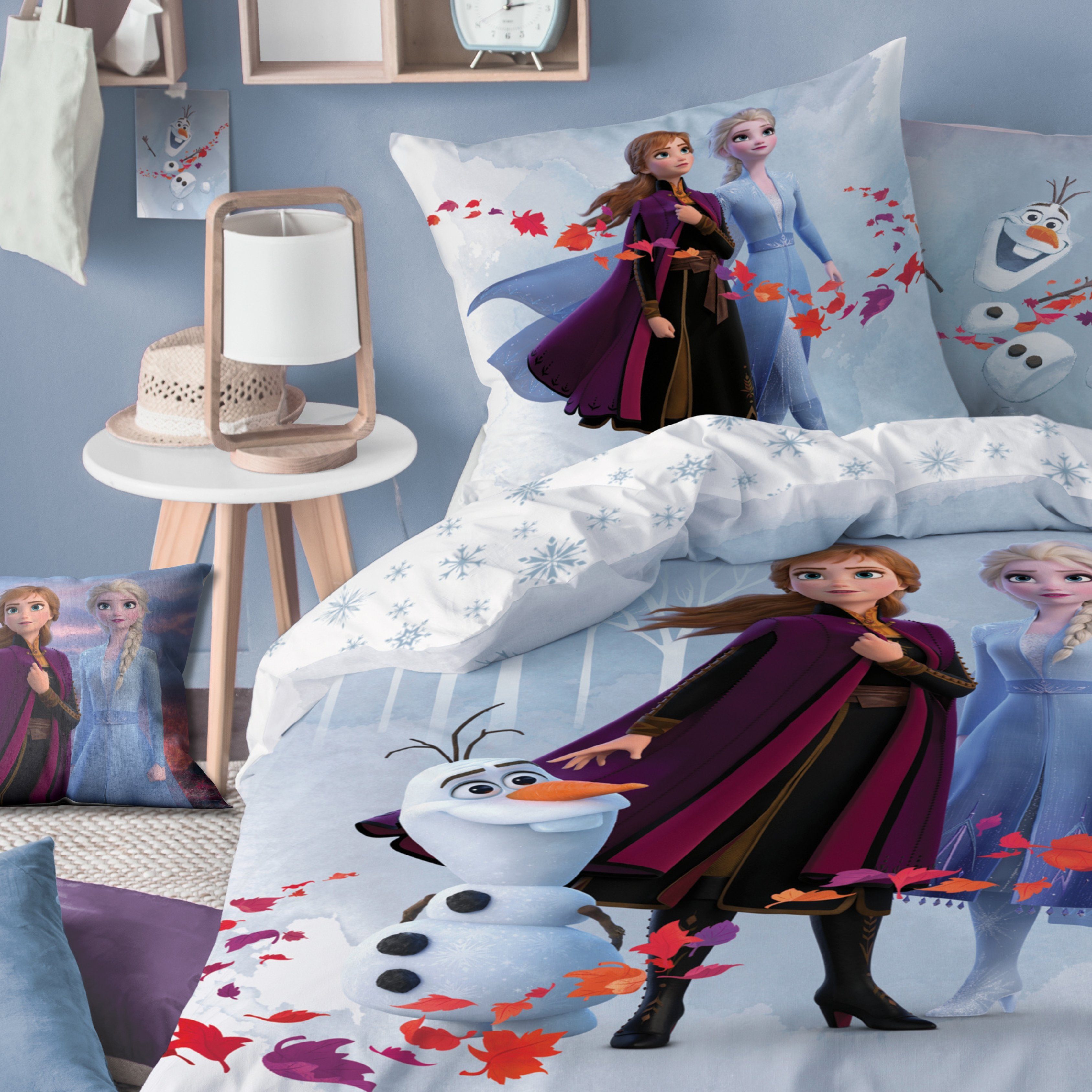 Bettwäsche Frozen Eiskönigin 135x200+80x80 cm, 100 % Baumwolle, MTOnlinehandel, Flanell, 2 teilig, Disney's Kinderbettwäsche mit Anna, Elsa & Olaf Biber Mädchen