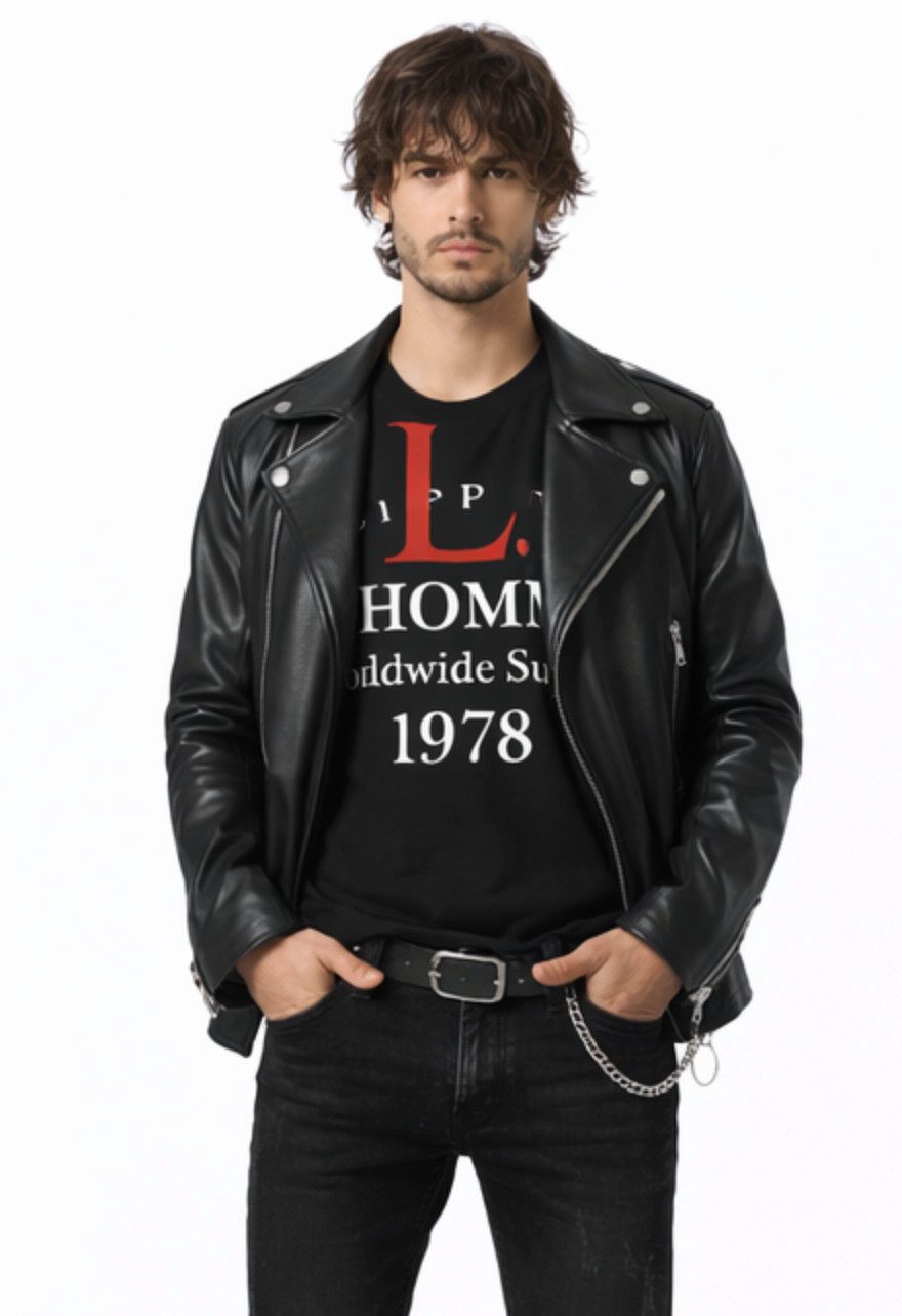 PHILIPP PLEIN T-Shirt Herren Gold Cut P.L.N. Worldwide Supply Shirt geripptem Kragen, ikonischer Schriftzug, Doppelt genähte Säume