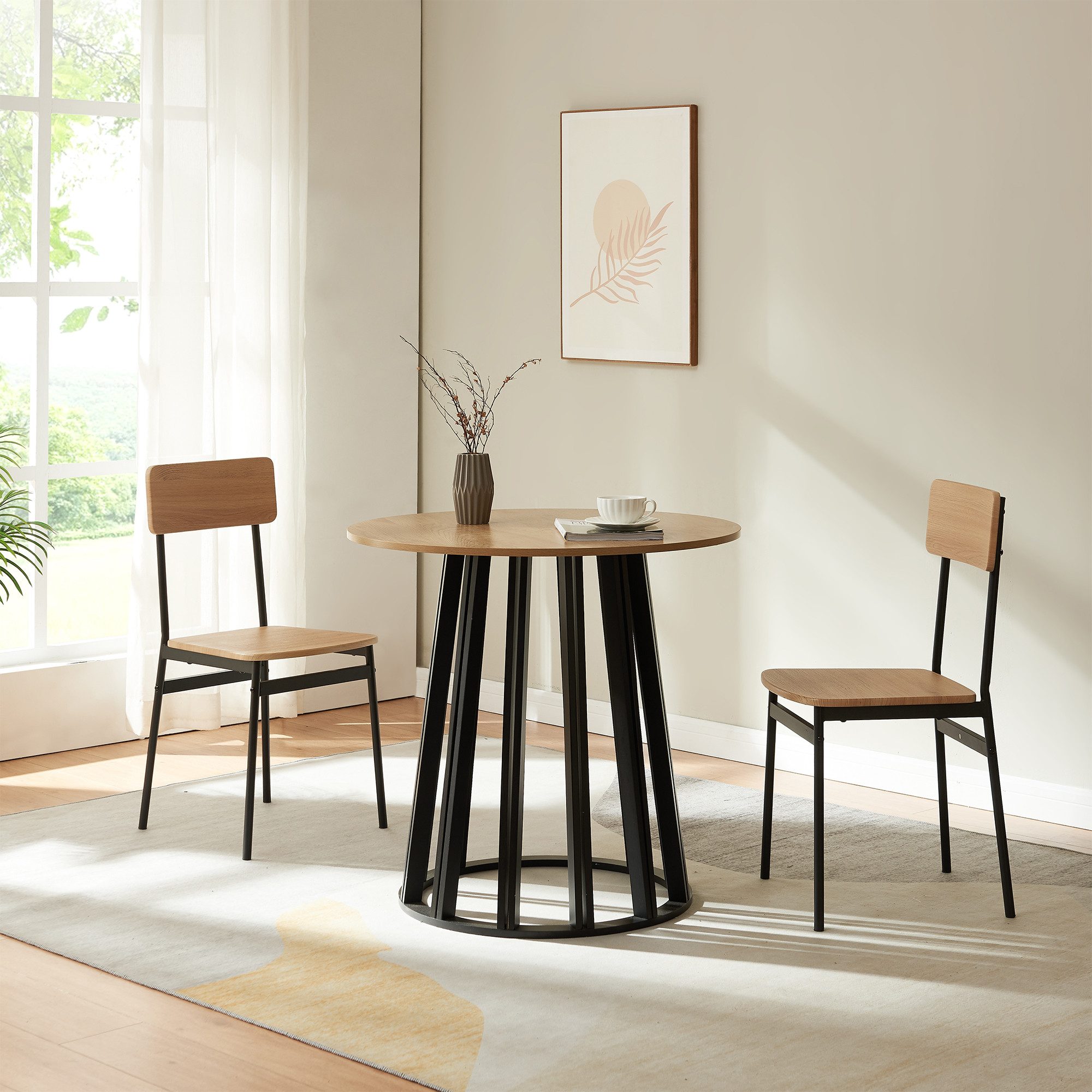 en.casa Esstisch, »Lensuu« 76 x Ø80 cm Metallgestell rund Schwarz/Eicheoptik