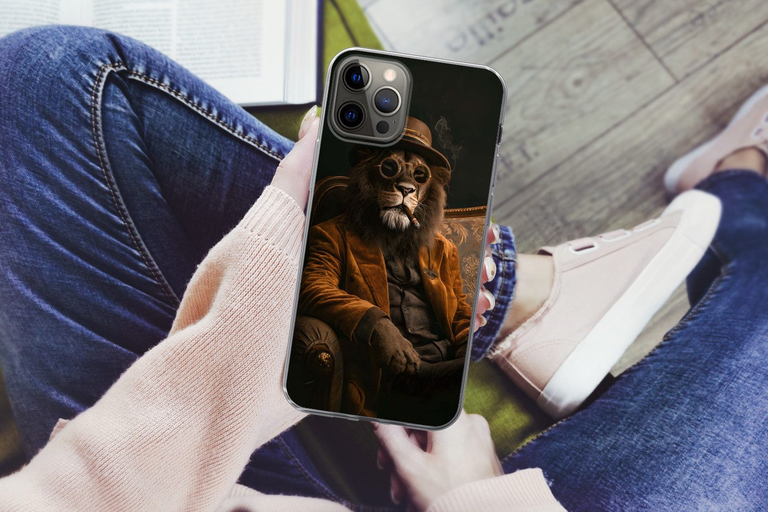 MuchoWow Handyhülle für Apple iPhone 12 Pro Max Brille - Löwe - Bank - Hut, Smartphone-Bumper, Print, Handy Schutzhülle Dünn