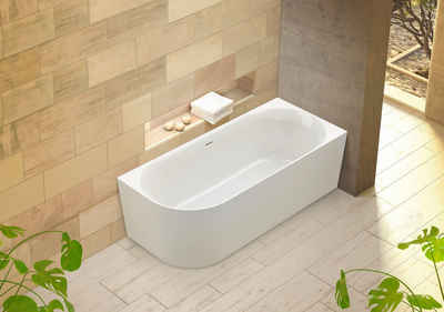 OTTOFOND Badewanne Mince Corner links 180 cm weiß, (1-tlg), inkl. Ablaufgarnitur, Schlitzüberlauf, Fußgestell, schmale Wannenkante