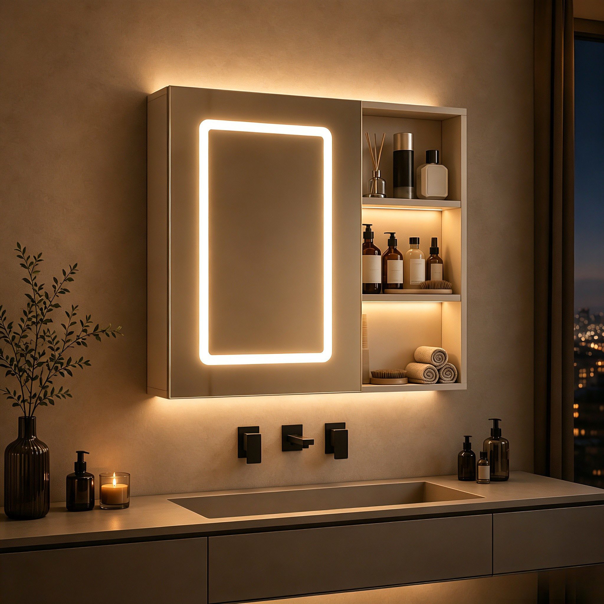 Simurq Badezimmerspiegelschrank Badspiegelschrank 60 cm, 3 Lichtfarben, Antibeschlag (Einzelartikel, 1-teilig) 3 Lichtfarben, Antibeschlag, offenes Regal