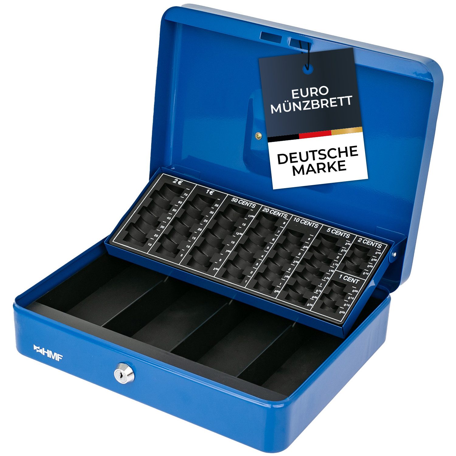 HMF Geldkassette Abschließbare Bargeldkasse mit Münzzählbrett und 4 Banknotenfächern, robuste Geldbox mit Schlüssel, 30,5 x 24 x 8,5 cm, blau