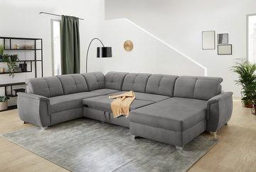 Sofa LIVORNO, B 354 cm x 265 cm, Grau, Mikrofaserbezug, Schlaffunktion, mit Bettkasten