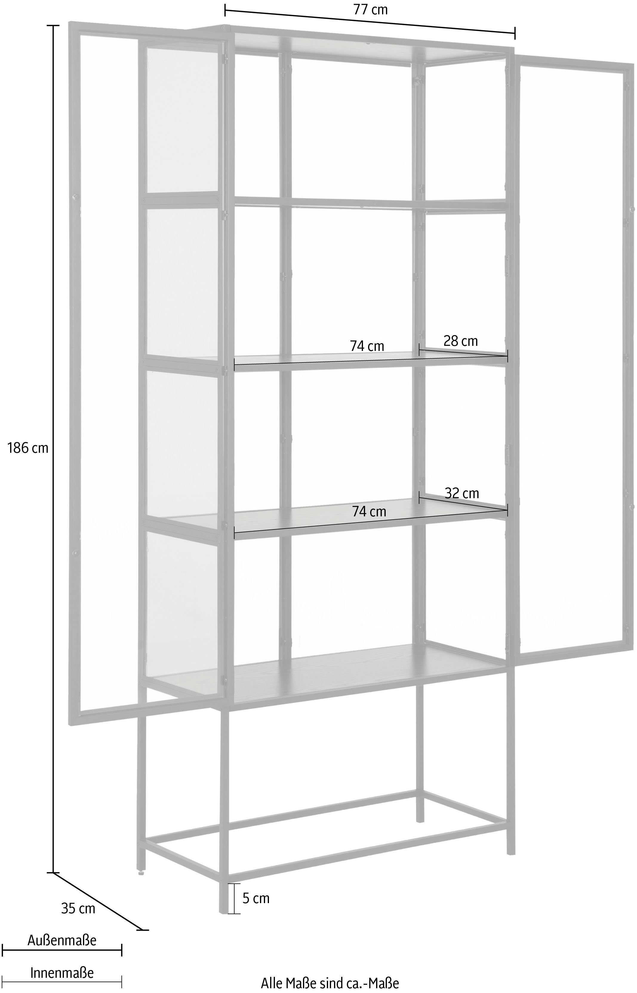 B: GROUP und Glasvitrine cm Glastüren 4 x 185,6 mit ACTONA Einlegeböden, 77 H: Metallrahmen,