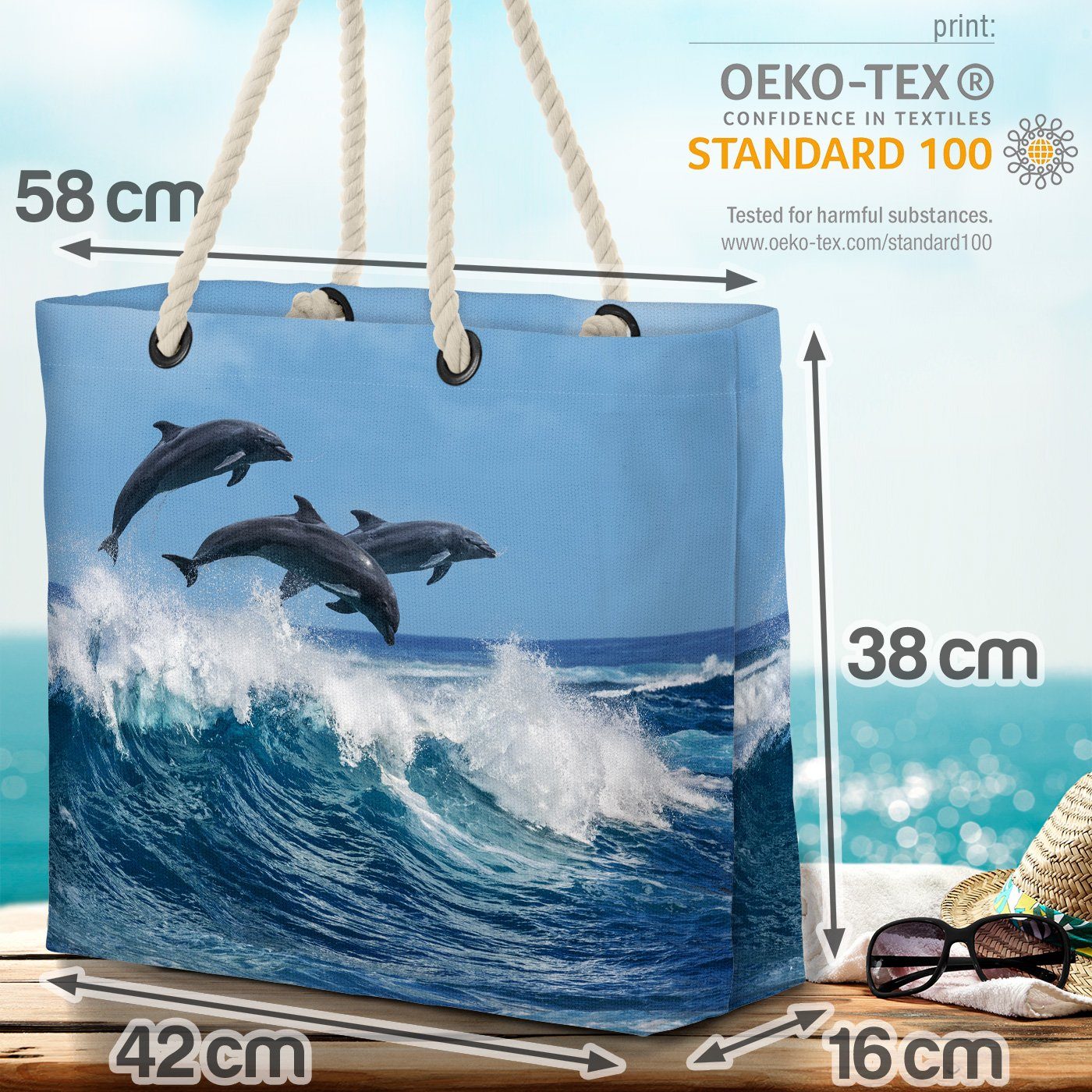 VOID Strandtasche (1-tlg), Sommer Natu Urlaub Welle Delfine Ozean Meer Atlantik Pool Reise Tiere