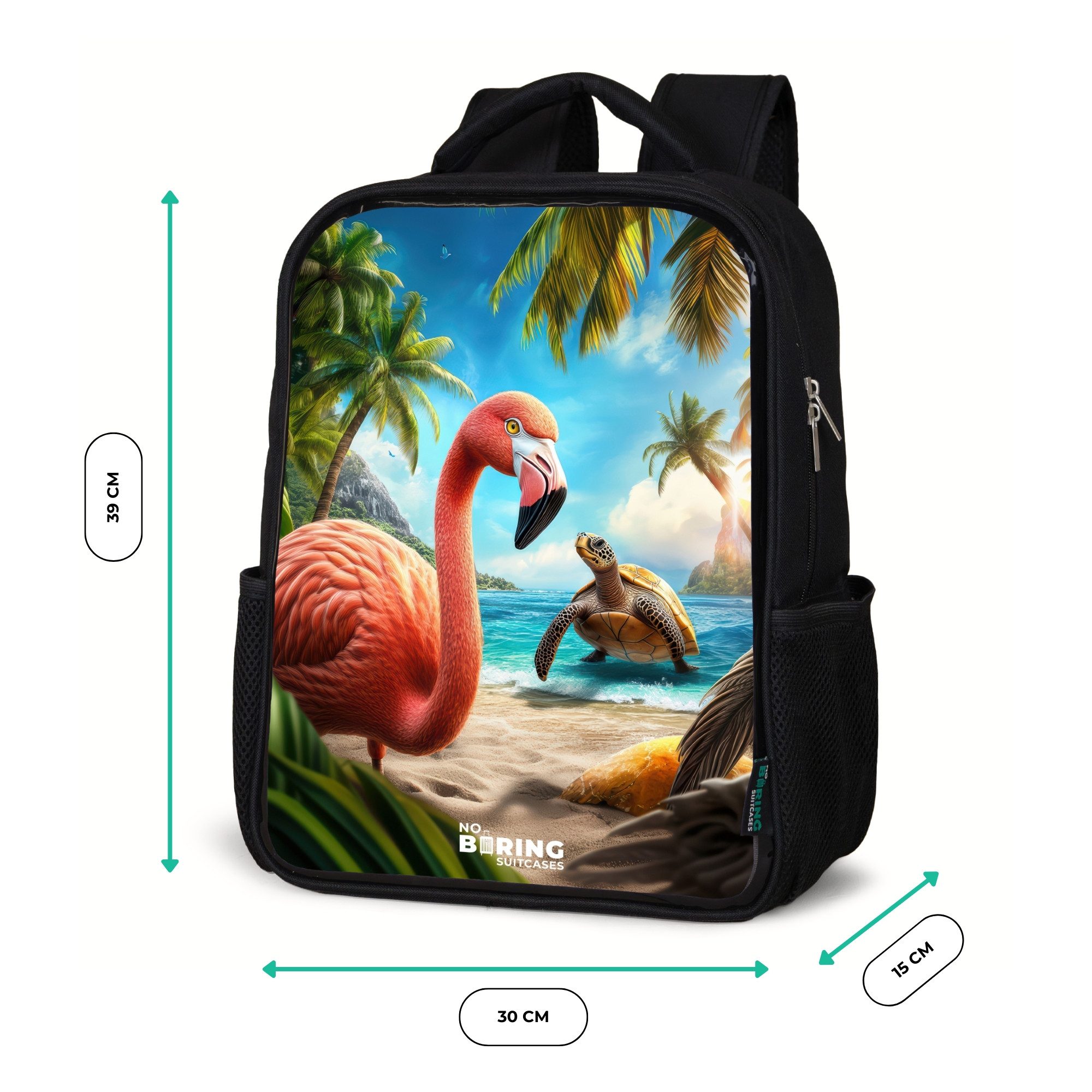 NoBoringSuitcases.com© Rucksack Flamingo und Schildkröte am tropischen Strand, Kinderrucksack Schwarz, Schulrucksack, Freizeitrucksack Jungen Mädchen