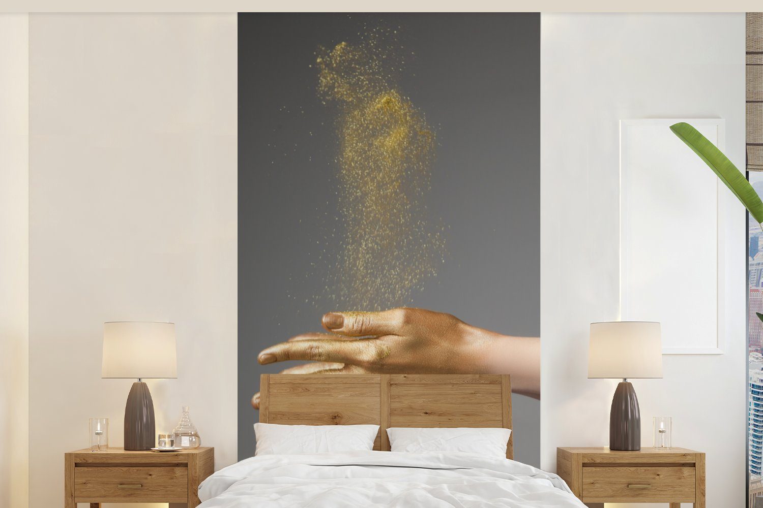 MuchoWow Fototapete Frau mit goldgefärbten Händen und einer Glitzerwolke, Matt, bedruckt, (2 St), Vliestapete für Wohnzimmer Schlafzimmer Küche, Fototapete