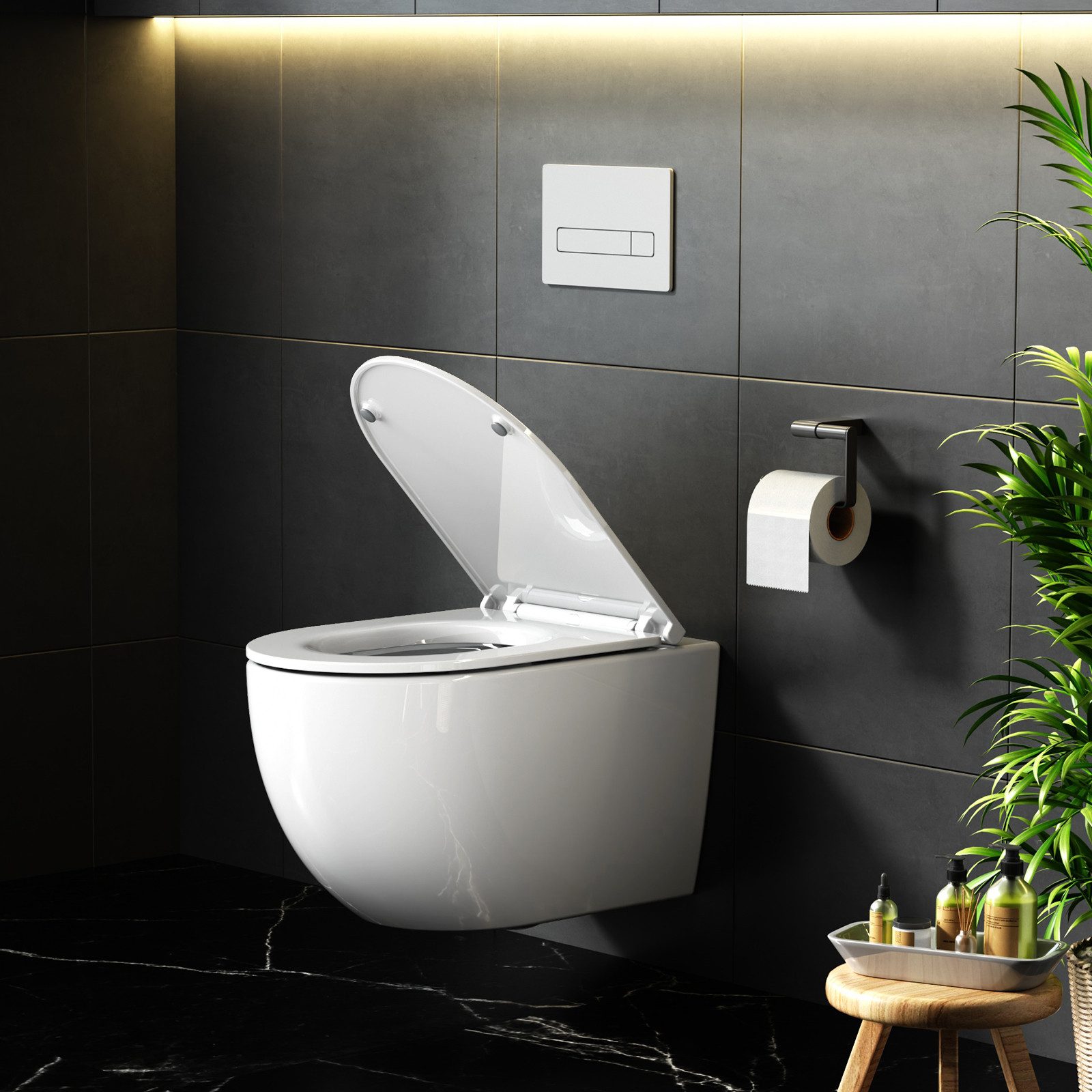 Rainsworth Tiefspül-WC Hänge WC Spülrandlos Toilette 4.5/3L, wandhängend, 360° Einloch Spülung Wand WC mit Soft-Close, Weiß