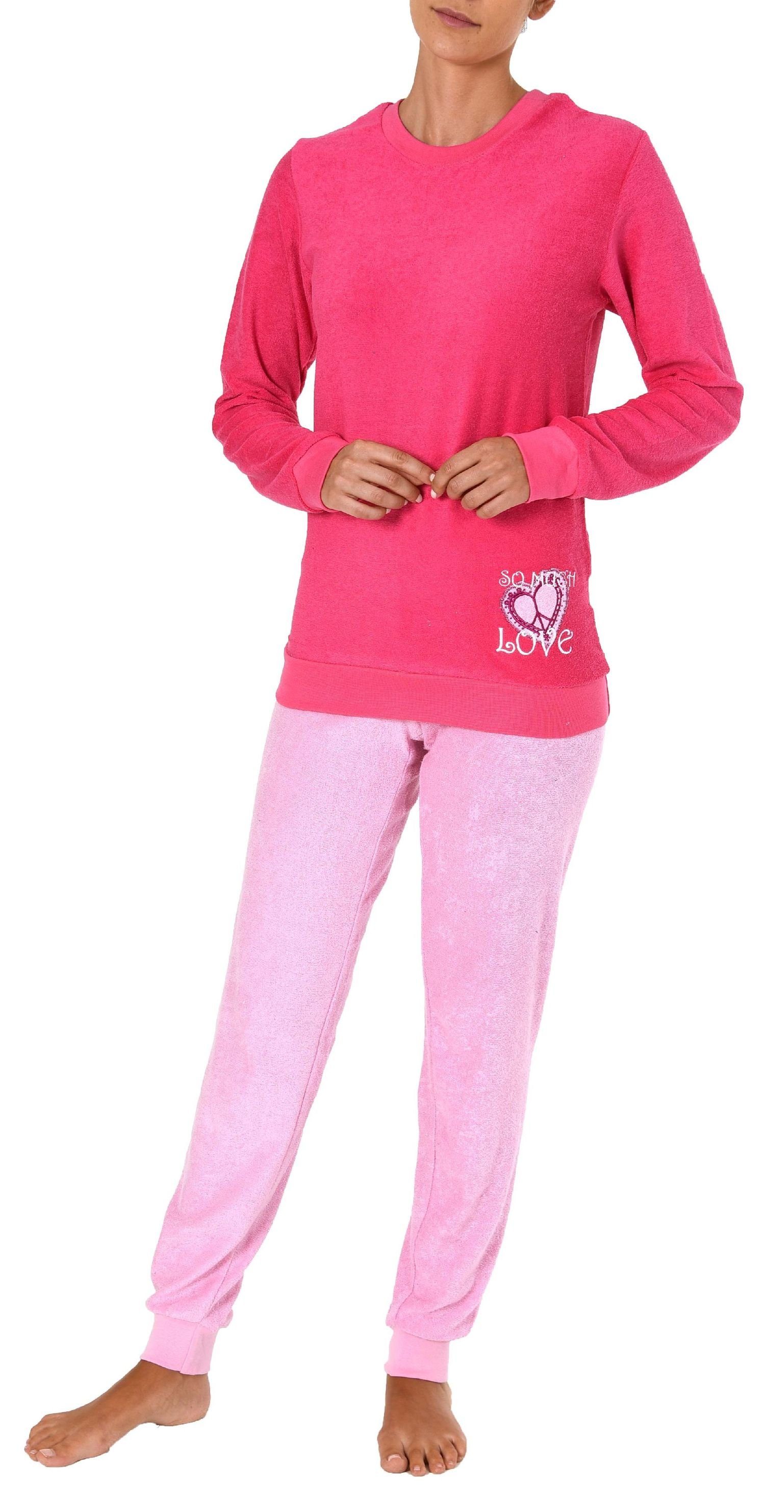 Normann Pyjama Damen Frottee Pyjama langarm Schlafanzug mit Bündchen und Herz Motiv pink
