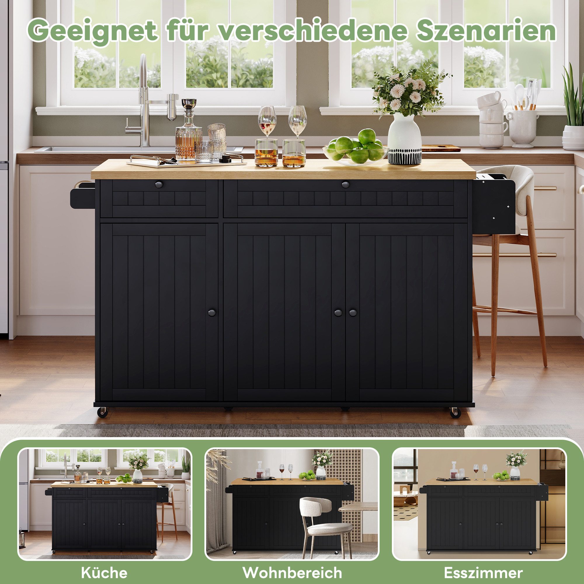 i@home Kücheninsel mit klappbarer Arbeitsplatte,Küchenschrank auf 6 feststellbaren Rollen, (mit Ablage,Türregal,2 großen Schubladen und Schrank 137 x 89,5 x 45 cm)