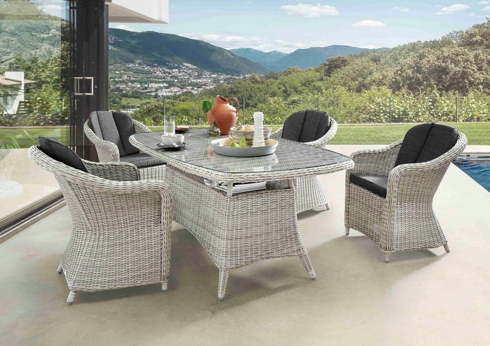 Destiny Auflagen + LUNA, Polyrattan, Sessel 13-tlg), oval (Set, 4 Tisch MALAGA 200x100x75cm, Garten-Essgruppe inkl.