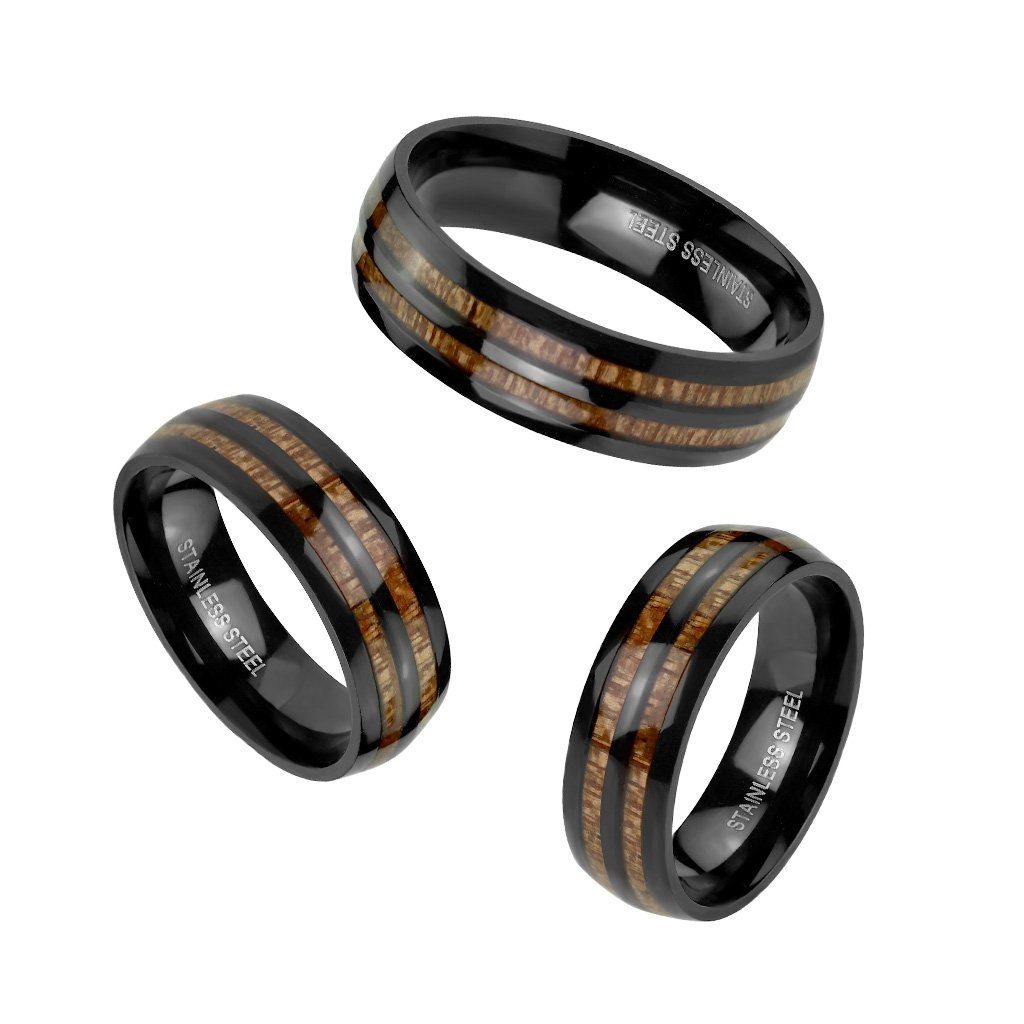 Holz-Reihen schwarz aus Fingerring Effekt mit (Ring, BUNGSA Edelstahl 3D Ring 1-tlg), doppeltes Unisex Holz-Inlay