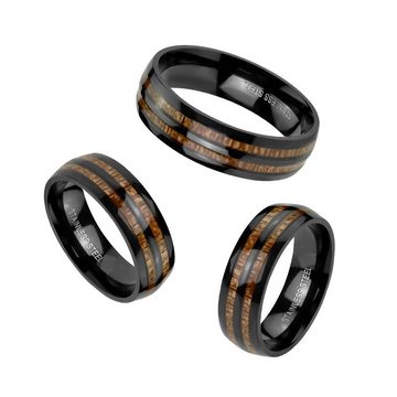 BUNGSA Fingerring Ring doppeltes Holz-Inlay schwarz aus Edelstahl Unisex (Ring, 1-tlg), Holz-Reihen mit 3D Effekt