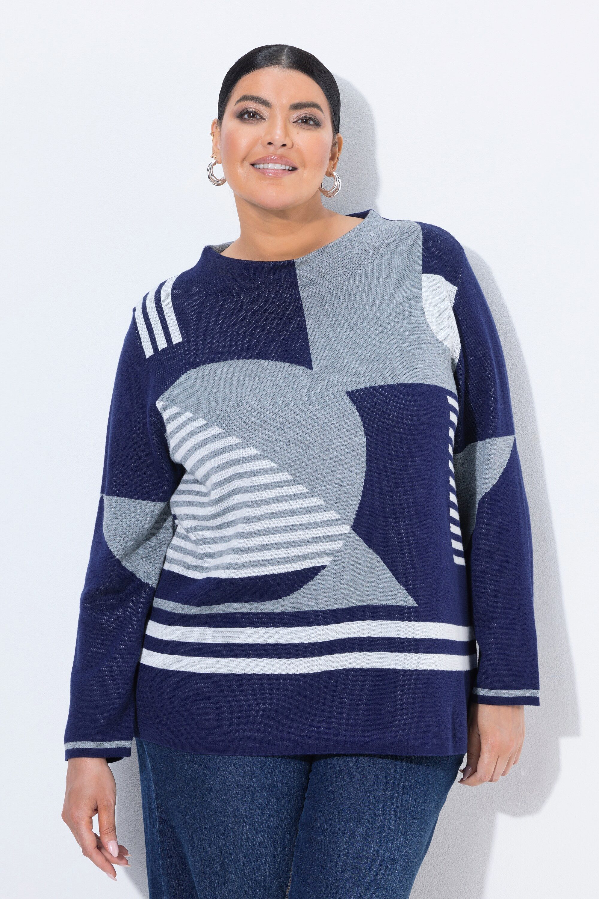 Ulla Popken Strickpullover Pullover Jacquardmuster Stehkragen Langarm