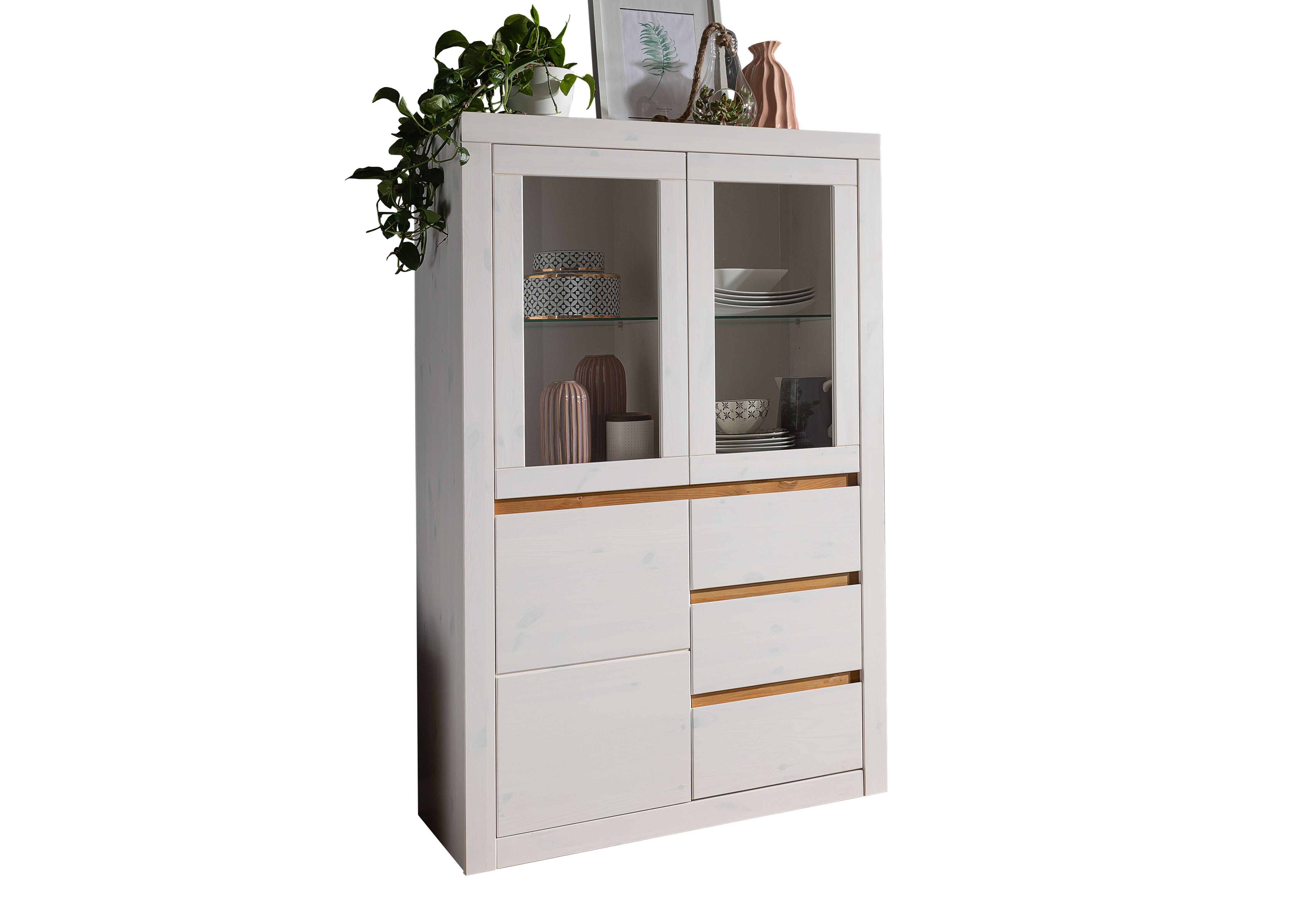 Woodroom Highboard Weimar (95 x 150 x 42 cm), Hochschrank massive Kiefer weiß gewachst