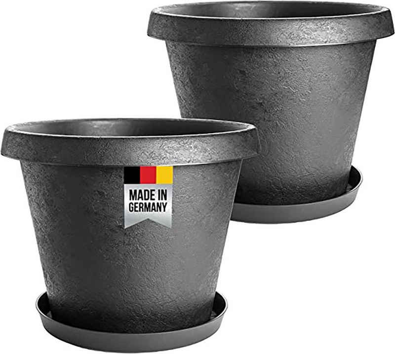 Centi Blumentopf Pflanzkübel rund und Untersetzer, Blumenkübel Blumentopf Pflanztopf (Spar Set, Ø 34 cm Farbe: anthrazit, Made in Germany), innovatives Stone-Design, extra stabil, Blumentopf