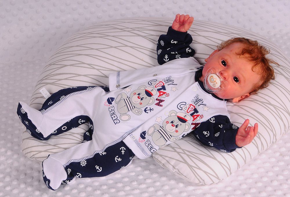 La Bortini Strampler Baby Anzug 3Tlg Strampler Hemdchen Mütze mit Anker und Bär aus reiner Baumwolle, 44-50 56 62 68 74 80 in weiß blau
