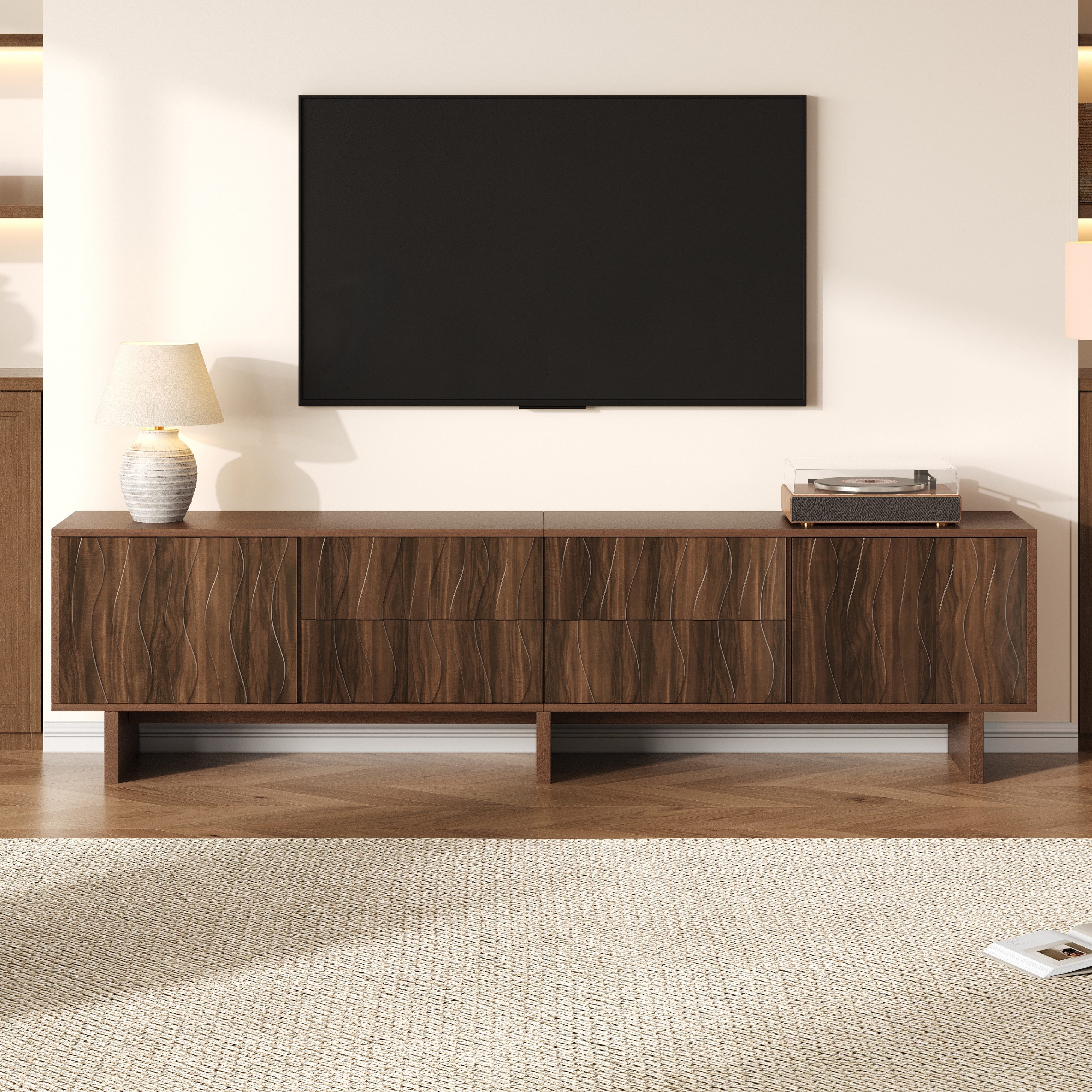 OKWISH TV-Schrank Fernsehschrank 180x56x40 cm mit 4 Schubladen – Walnuss dunkel (Packung, 1-St., geeignet für Fernseher bis zu 75 Zoll) mit 2 Schranktüren, Wellenförmigen Design