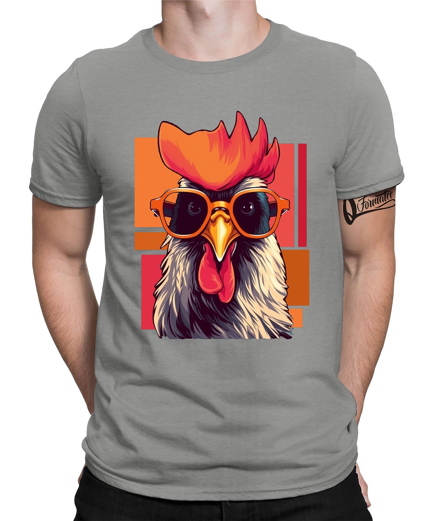 Quattro Formatee Kurzarmshirt Cooles Vintage Huhn Hahn Chicken Bauern Hühner Herren T-Shirt (1-tlg) Heather Grau