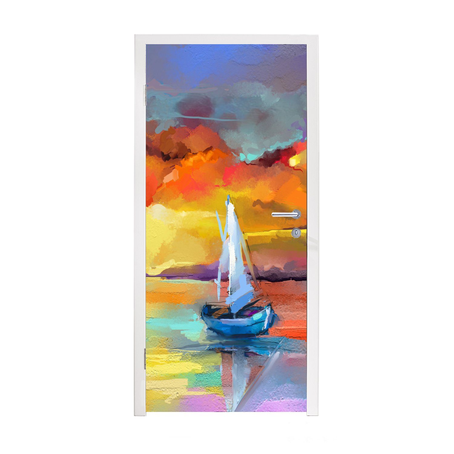 MuchoWow Türtapete Malerei - Ölfarbe - Boot - Farben, Matt, bedruckt, (1 St), Fototapete für Tür, Türaufkleber, 75x205 cm