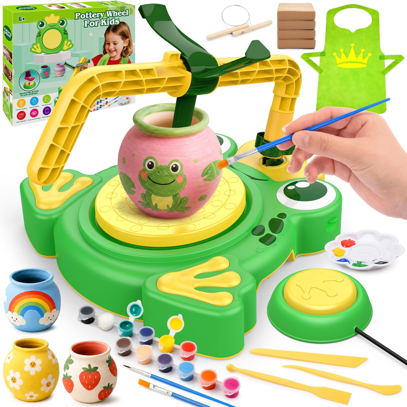 Wootoy Kreativset Modelliermasse Kinder Töpferscheibe Set mit 2 Geschwindigkeiten, (mit Töpferscheibe lufttrocknendem Ton Farben Werkzeugen und Schürze, Links-/Rechtslauf zwei Geschwindigkeitsstufen und Fußpedal), Ideal für gemeinsame Bastelprojekte individuelle Kunstwerke