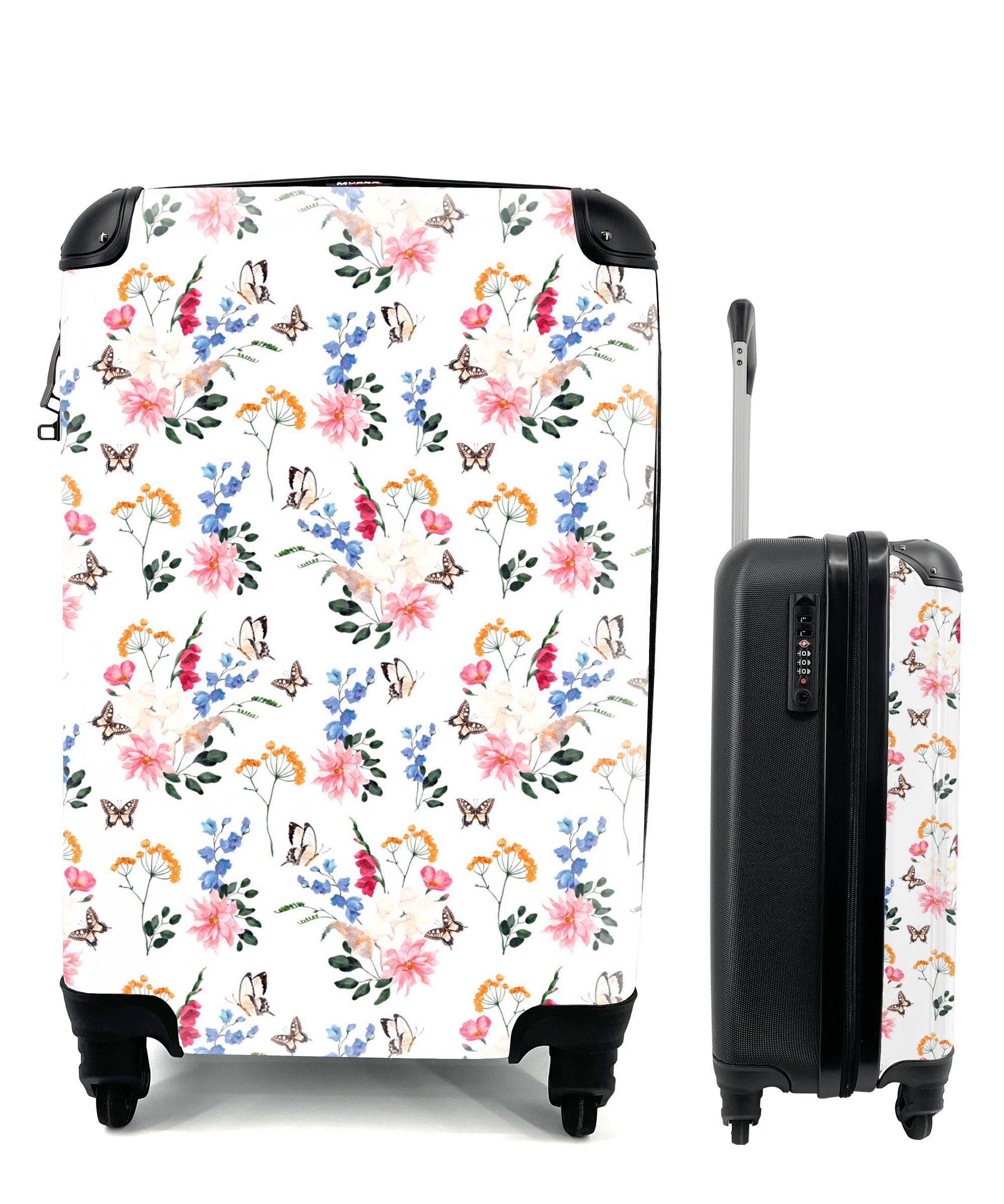 rollen, Pastell, - MuchoWow Reisekoffer Reisetasche für Schmetterling 4 Blumen Ferien, Trolley, Handgepäckkoffer Handgepäck - Rollen, mit