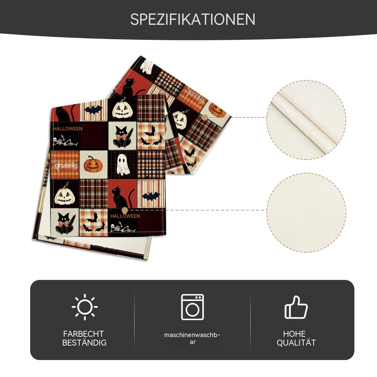 Bomiclss Tischläufer Halloween Tischläufer mit schwarzer Katze, Fledermaus- und Kürbismotiv, Tischdekoration für Halloween, Party und Esstisch – Bild 5 von 5