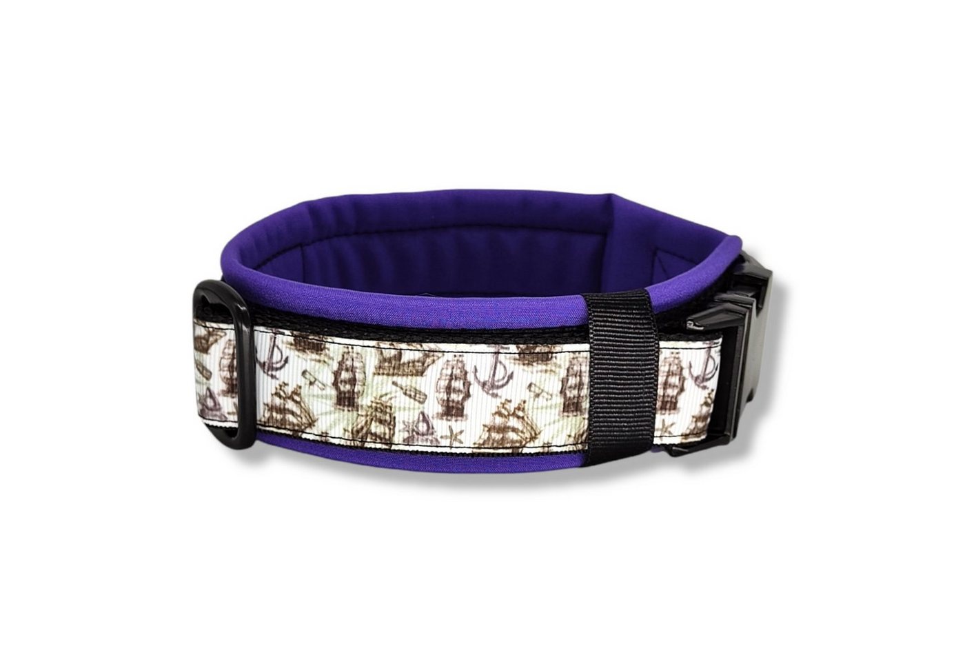 Thumbnail - D by E Couture Hunde-Halsband "Black & White Ship III", gepolstert, verstellbar, 30mm breit, Handmade