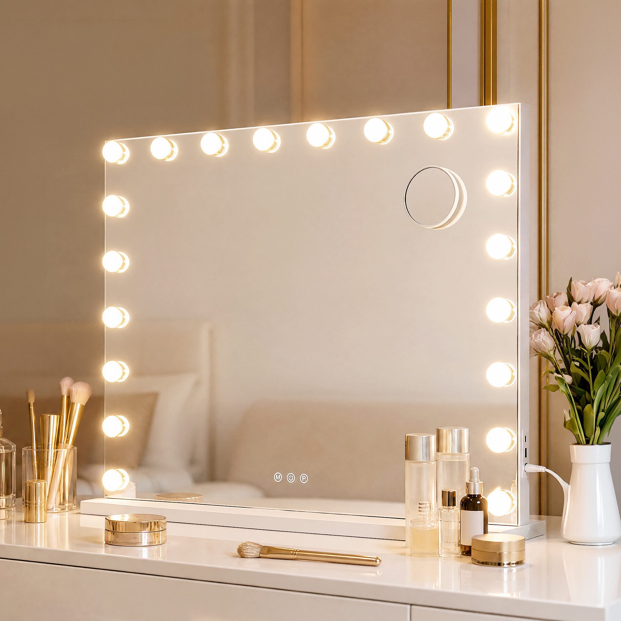SONGMICS Schminkspiegel mit 3 Lichtfarben, 10-fach Vergrößerung, Touch-Steuerung, Handyhalter, 20 LEDs, mit USB-A und USB-C, 60 x 90 x 10 cm (L X B X H)