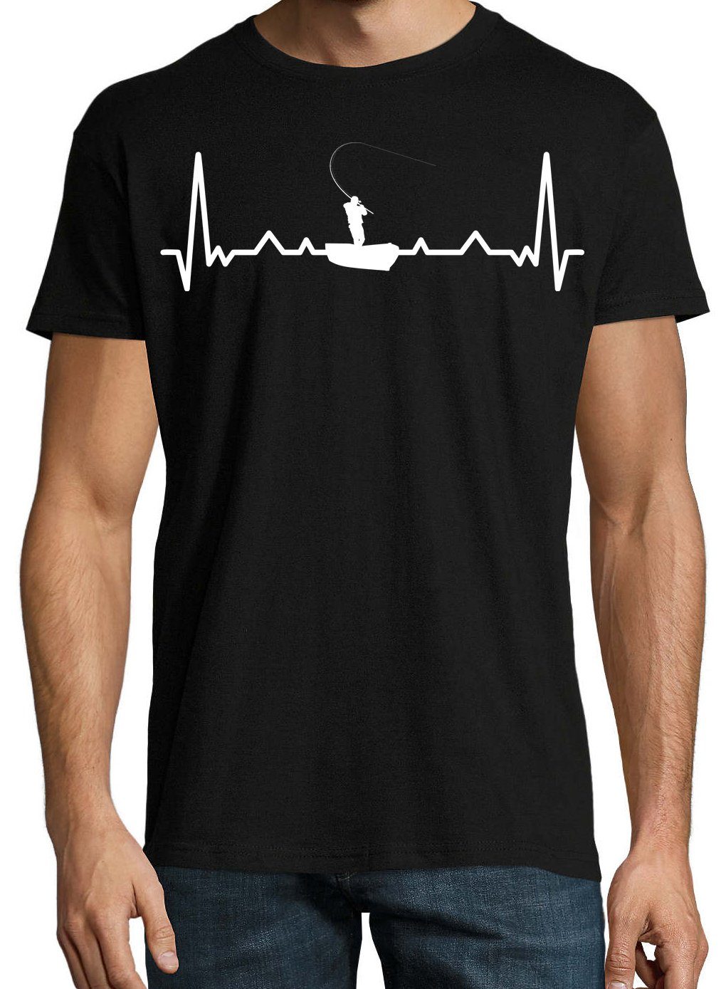 Angler Angeln Youth Herren T-Shirt Schwarz Shirt lustigem Heartbeat Designz mit Frontprint