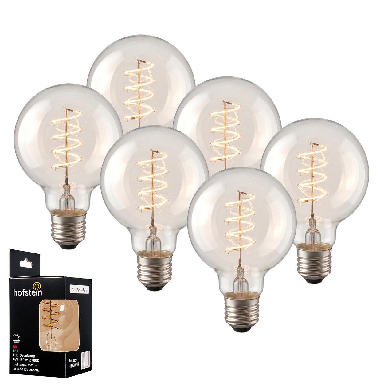 hofstein LED-Leuchtmittel 6er Set Glühbirne Warmweiß dimmbar 6 Watt, E27, 2700 Kelvin, 450 Lumen, Globe Vintage, Filament Spirale, Klar