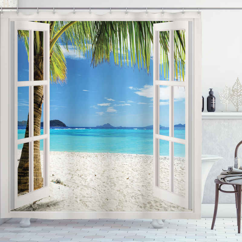 Abakuhaus Duschvorhang Moderner Digitaldruck mit 12 Haken auf Stoff Wasser Resistent Breite 175 cm, Höhe 180 cm, Tropisch Tropical Beach Palmen