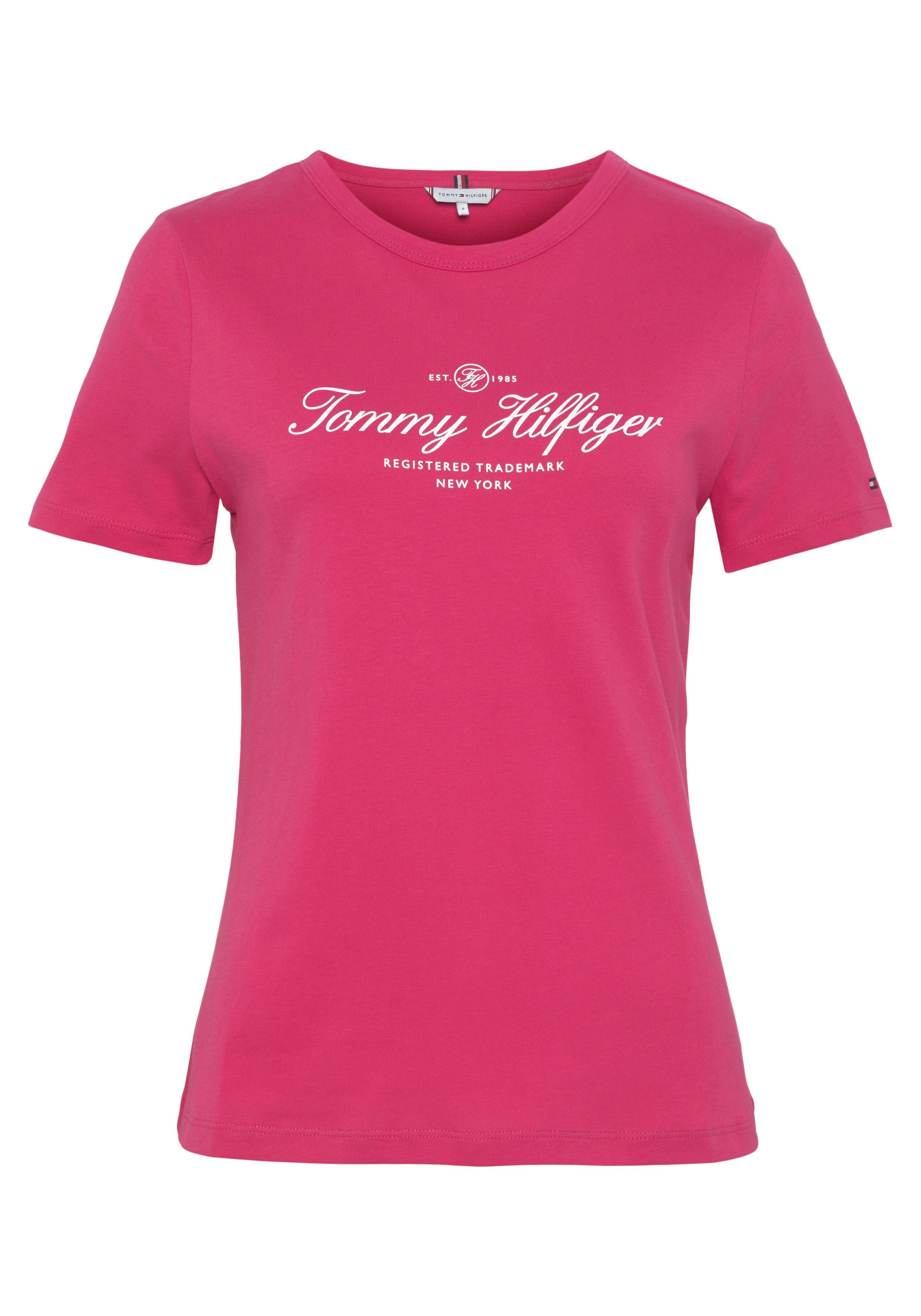 1/2 Tommy NK C Tommy Hilfiger Logo-Schriftzug Bright_Cerise_Pink Rundhalsshirt SIGNATURE mit SLV SLIM Hilfiger Signature