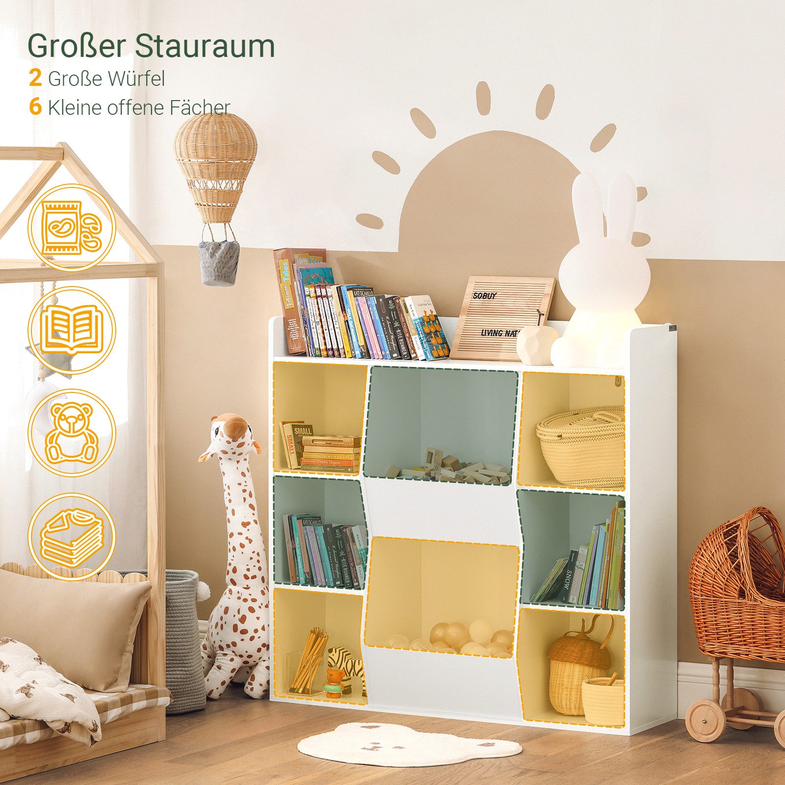 SoBuy Bücherregal KMB55, Montessori Regal Kinderregal Aufbewahrungsregal Spielzeugtruhe, mit Ablagefächern und Fächern, Standregal, Regal Kinderzimmer