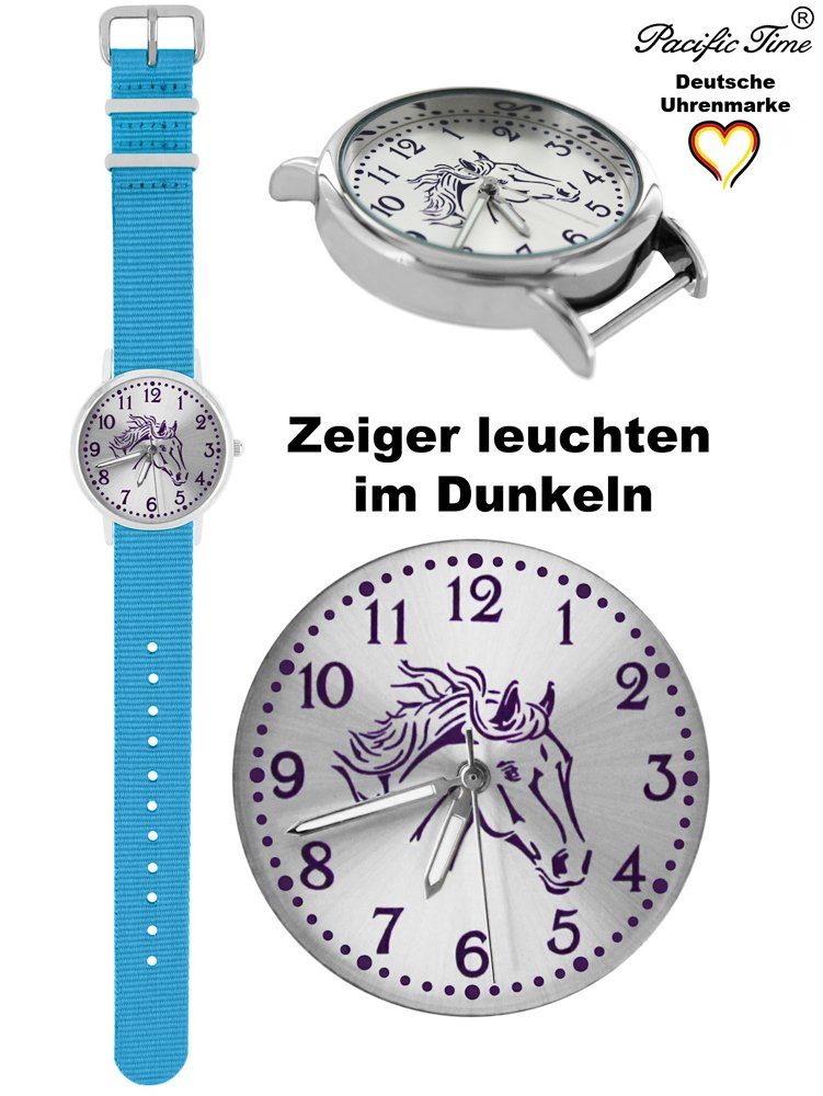 Pacific Time Quarzuhr Set Kinder Armbanduhr Wechselarmband, - Pferd rot Design Mix Versand und Gratis hellblau und Match violett